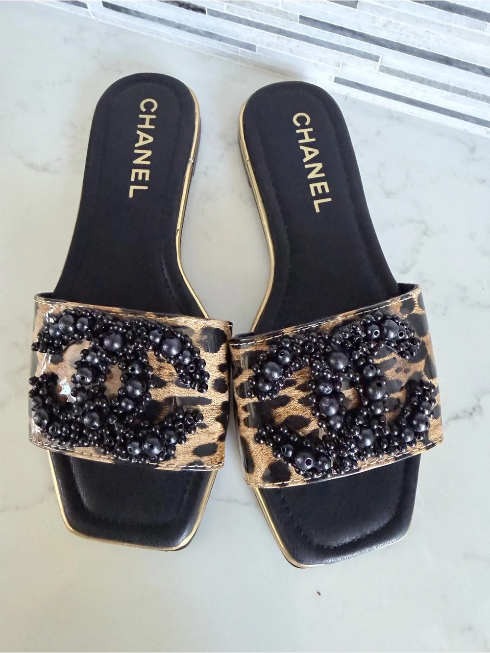 CHANEL Leopard Beaded Slide Mules in Black & Brown size 6